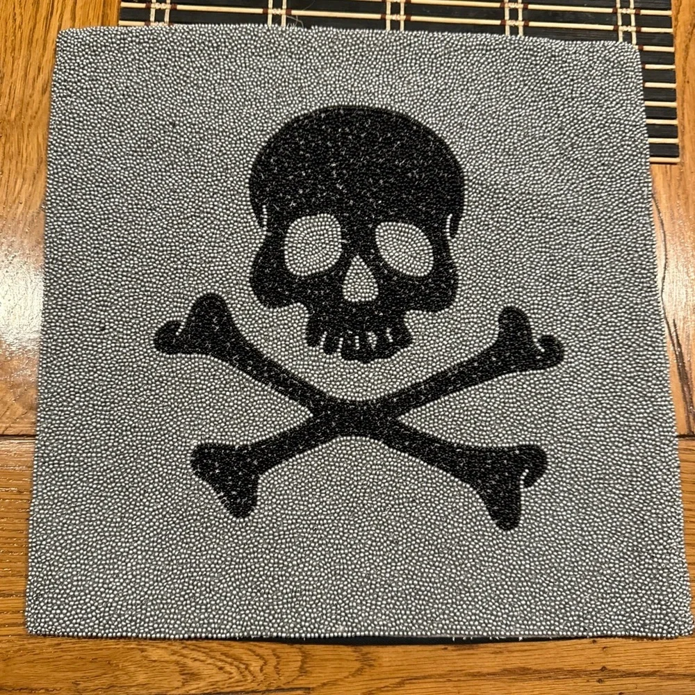 Collectible Pottery Barn 2008 Black Skull And Crossbones Beaded Pillow Cover